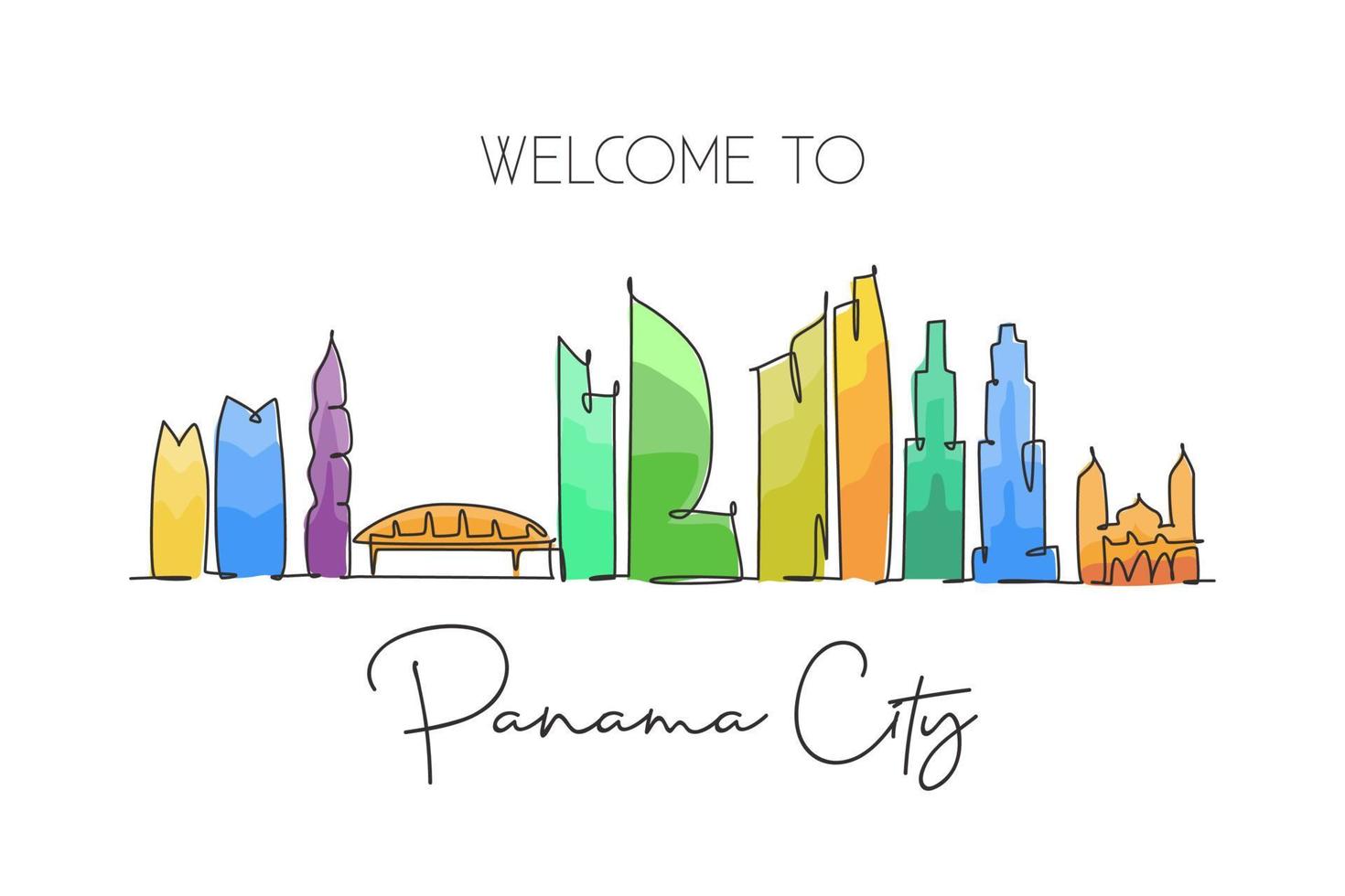 un disegno a linea singola dello skyline di panama, panama. paesaggio storico mondiale della città. cartolina di destinazione per le vacanze del posto migliore. tratto modificabile illustrazione vettoriale di disegno a linea continua alla moda