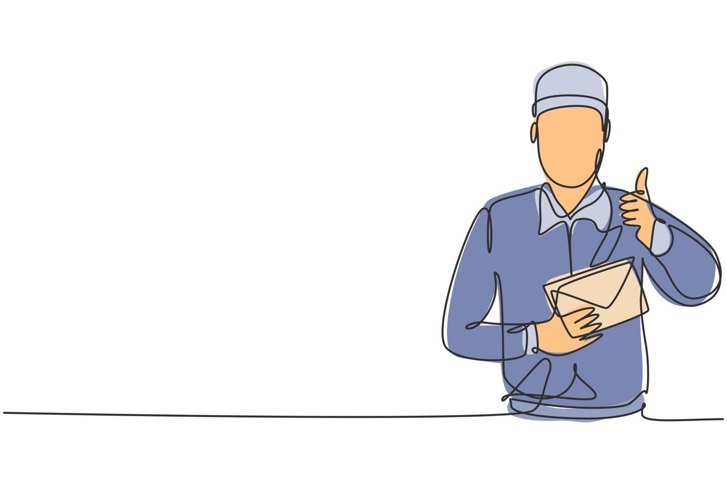 un singolo disegno a tratteggio del postino che indossa un cappello e un'uniforme con un gesto di pollice in su tiene la busta per lavorare per la consegna a domicilio. moderna linea continua disegnare grafica vettoriale illustrazione.