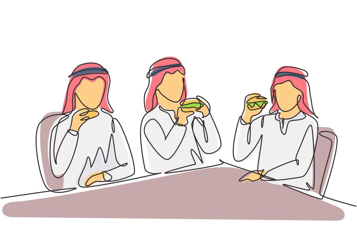 una sola linea che disegna insieme giovani uomini arabi. amici che mangiano un pasto fast food nel ristorante. persone sedute a cenare hamburger. illustrazione vettoriale grafica di disegno di disegno di linea continua