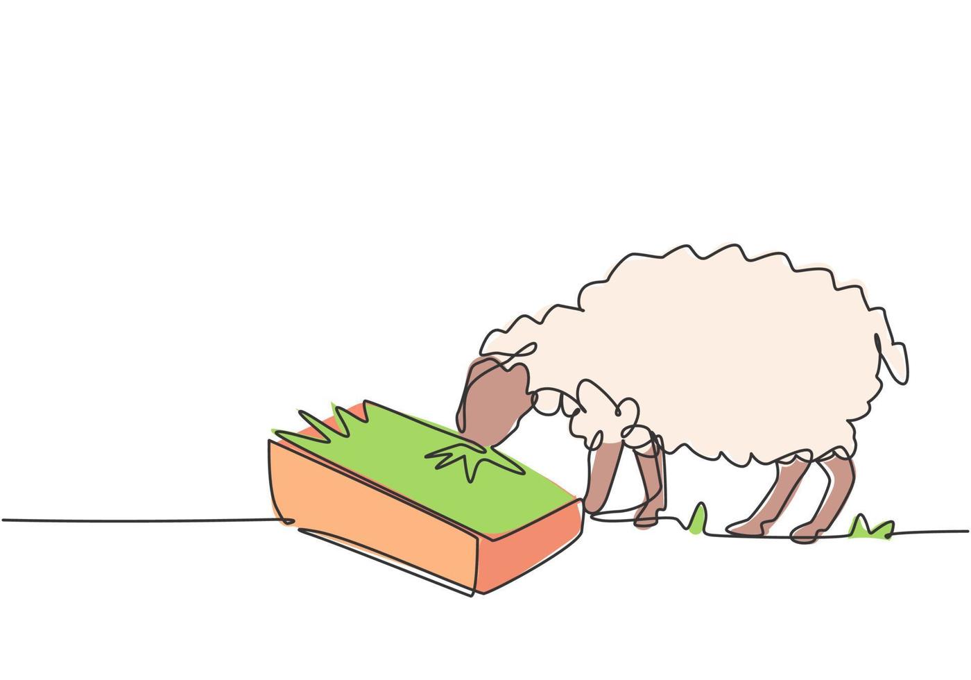 un singolo disegno a tratteggio delle pecore vengono nutrite per essere sane e produrre il miglior latte e carne. concetto minimo di sfida agricola. moderna linea continua disegnare grafica vettoriale illustrazione.