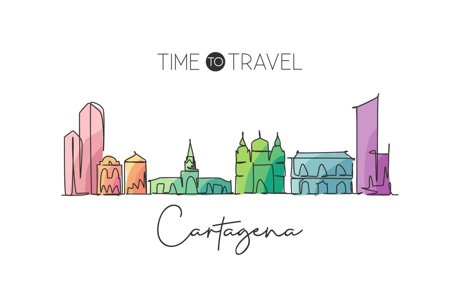 un disegno a linea singola dello skyline di cartagena, colombia. World town landscape home wall decor poster stampa art. miglior posto per le vacanze. illustrazione vettoriale di disegno di linea continua alla moda