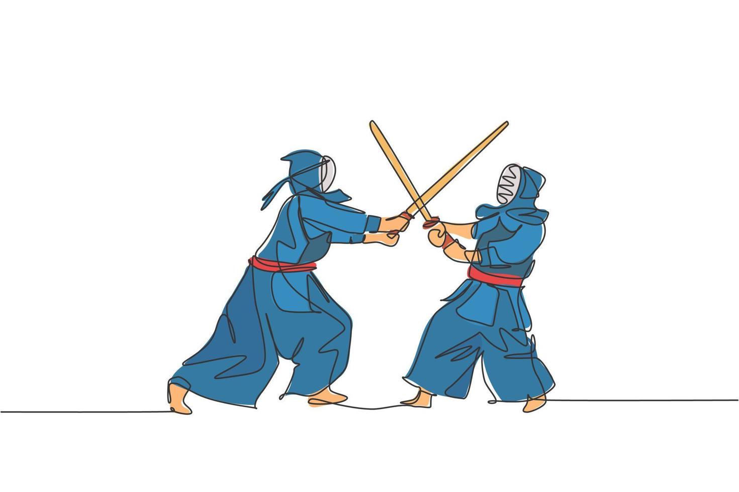 disegno a linea continua singola di due giovani sportivi che praticano difesa e attacco per abilità di arti marziali di kendo sul centro sportivo della palestra. concetto di sport da combattimento. illustrazione vettoriale di un disegno di linea