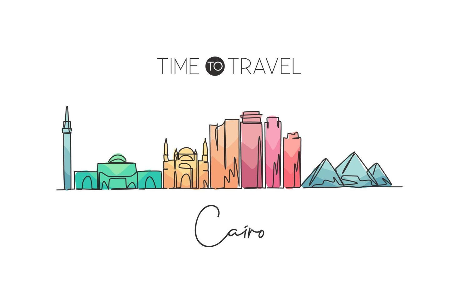 un disegno a linea singola dello skyline della città del cairo, in egitto. stampa della cartolina del paesaggio della città storica. migliore destinazione per le vacanze. tratto modificabile illustrazione grafica vettoriale di disegno a linea continua alla moda