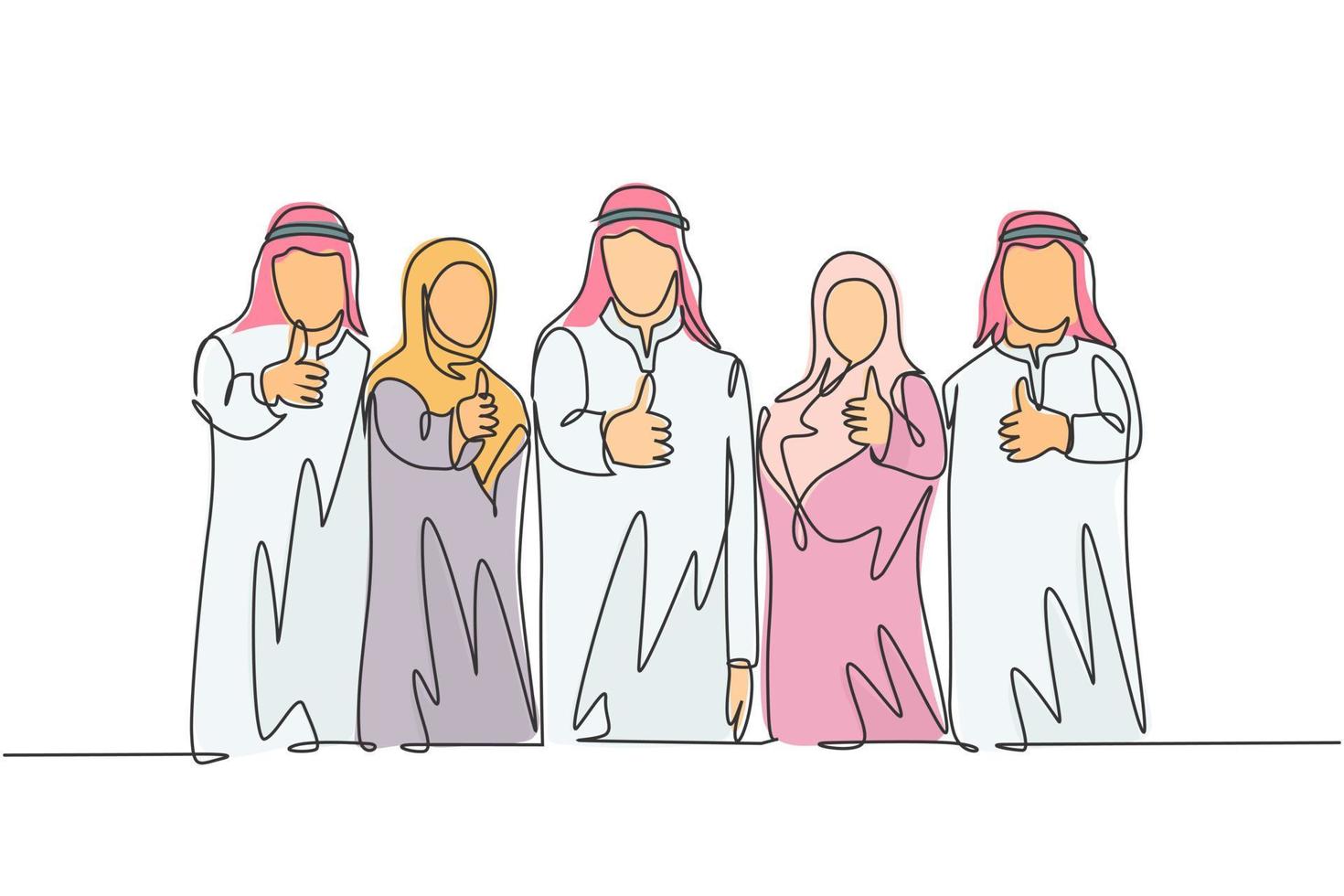 un disegno a tratteggio continuo di giovani manager musulmani maschi e femmine che fanno gesti con il pollice in alto. abbigliamento islamico shemag, kandura, sciarpa, kefiah. illustrazione vettoriale di disegno a linea singola