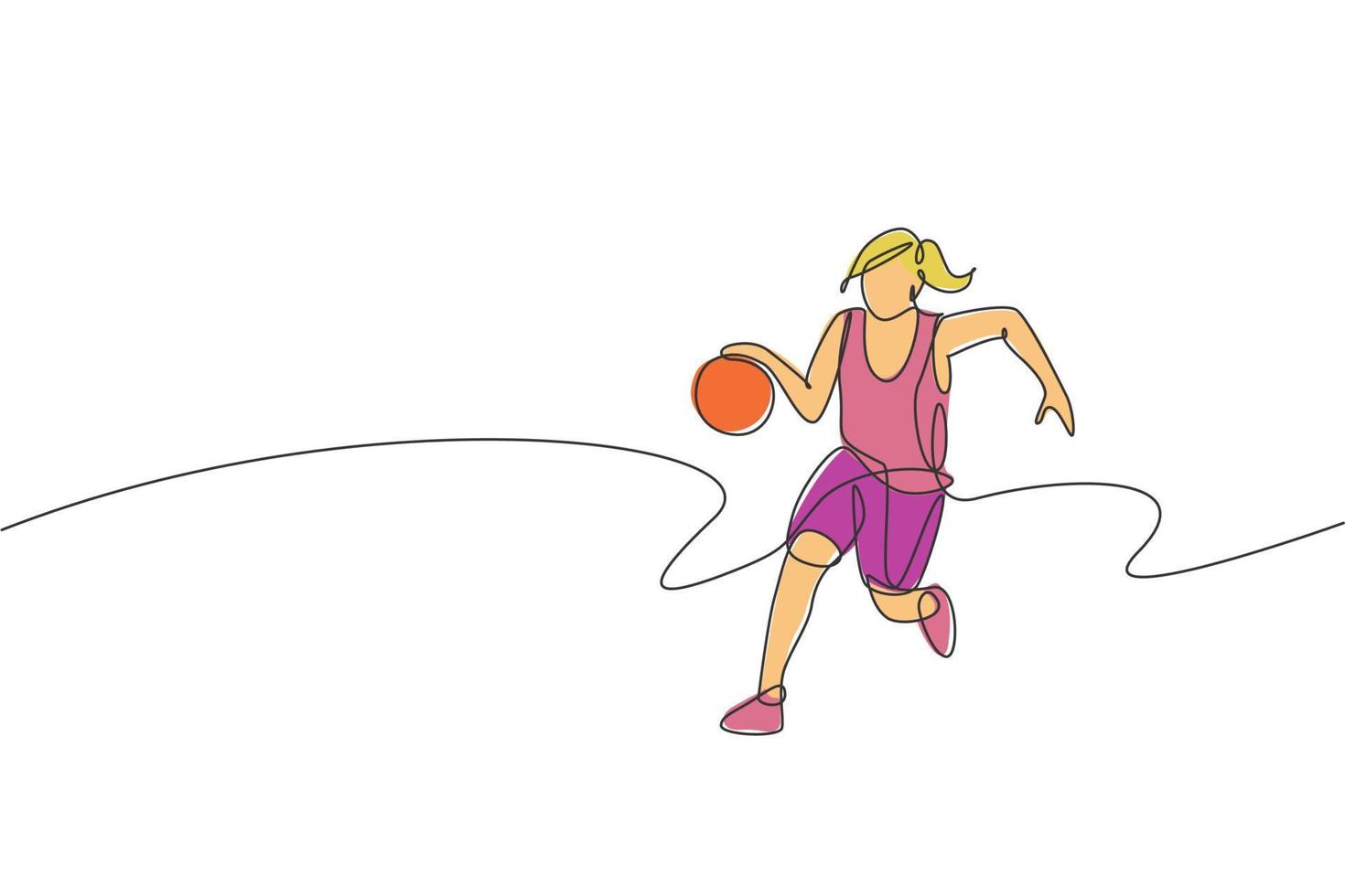 disegno a linea continua singola di una giovane giocatrice di basket in buona salute che dribbling. concetto di sport competitivo. illustrazione vettoriale alla moda di una linea di disegno per i media di promozione di tornei di basket