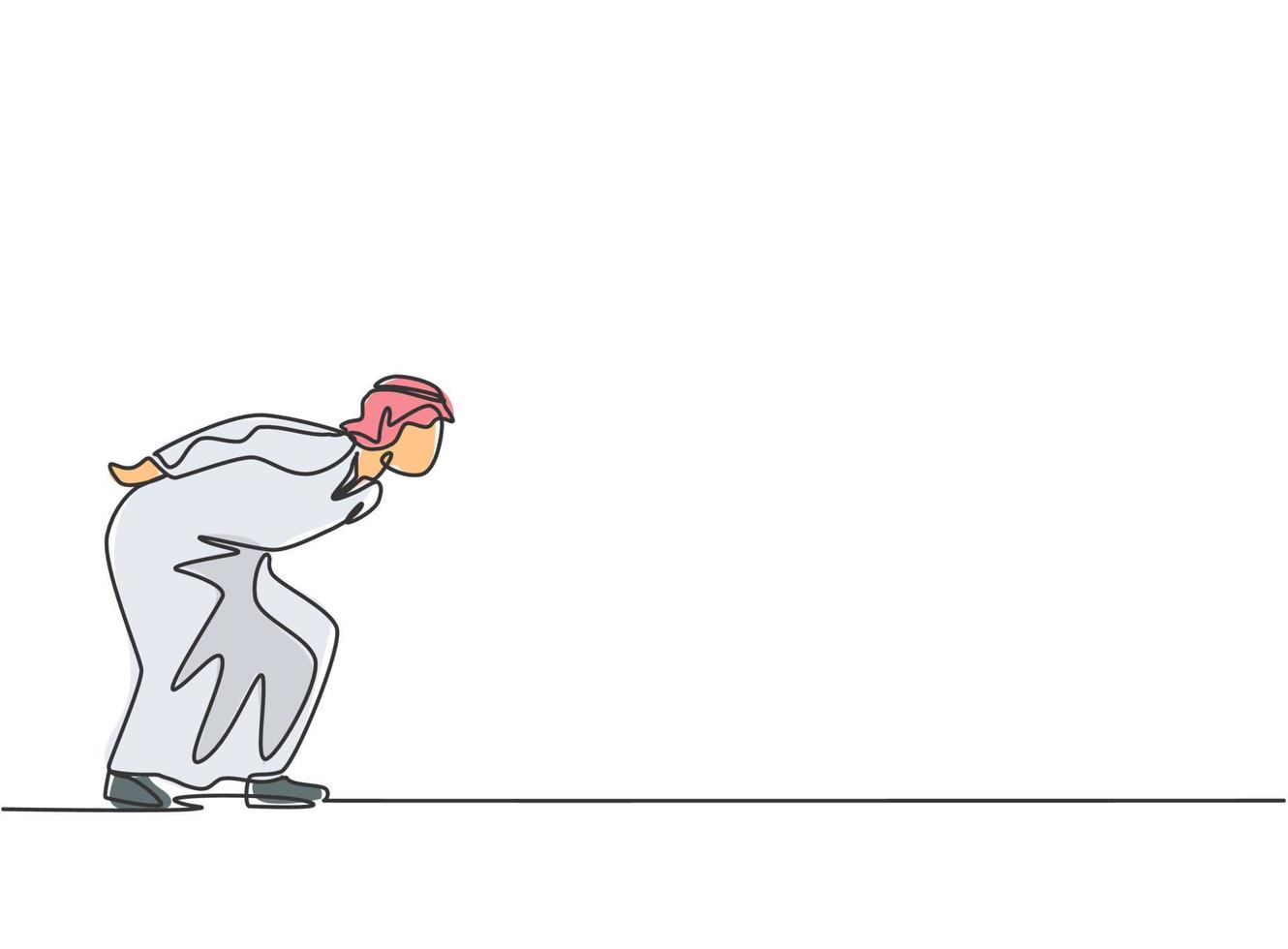 disegno a una linea di un giovane uomo d'affari arabo chinato a causa del sovraccarico di lavoro. concetto di metafora della disciplina del tempo di affari. moderna linea continua disegnare grafica vettoriale illustrazione.