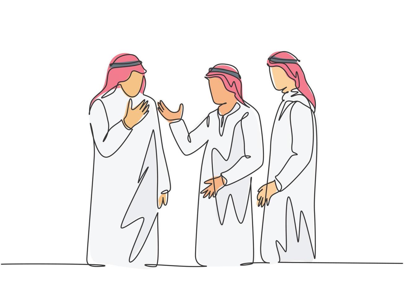 disegno a linea continua di un giovane manager musulmano che parla di affari con i colleghi partner. arabo medio oriente panno shmagh, kandura, thawb, accappatoio. illustrazione vettoriale di disegno di una linea di disegno