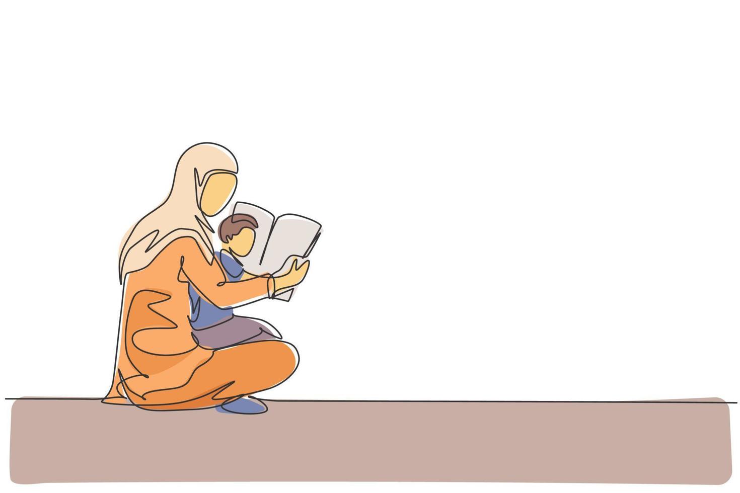 un unico disegno a tratteggio della giovane madre e figlio arabi leggono insieme il libro di fiabe sull'illustrazione vettoriale del pavimento. felice concetto di genitorialità familiare musulmana islamica. disegno di disegno a linea continua