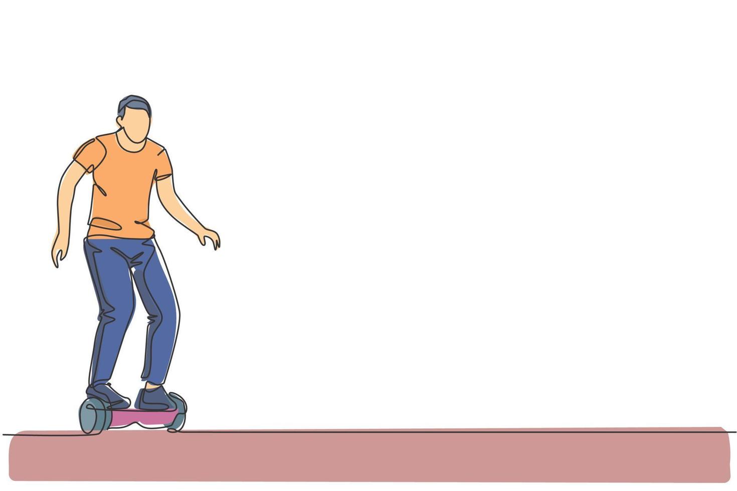 un unico disegno a tratteggio di giovane uomo energico che guida l'hoverboard all'illustrazione vettoriale del parco cittadino. futuro trasporto giroscooter. concetto di sport stile di vita sano. design moderno a linea continua