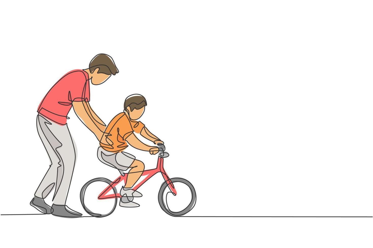 un disegno a tratteggio continuo del giovane padre aiuta suo figlio a imparare ad andare in bicicletta in campagna insieme. concetto di lezione di genitorialità. illustrazione vettoriale grafica di disegno dinamico a linea singola
