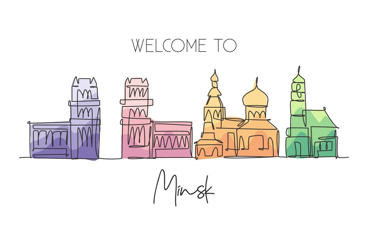 unico disegno a linea continua dello skyline della città di minsk, bielorussia. famoso raschietto della città e paesaggio per la decorazione della parete di casa poster stampa art. concetto di viaggio nel mondo. illustrazione vettoriale moderna di disegno di una linea