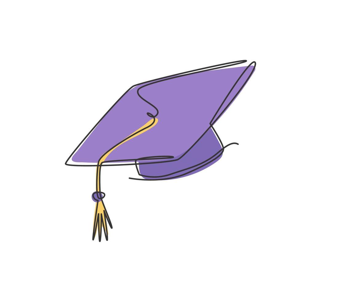 un disegno a tratteggio continuo del cappello di laurea. concetto del modello dell'icona dell'elemento dell'attrezzatura del cappello di graduazione accademica. illustrazione vettoriale di disegno grafico di disegno a linea singola alla moda