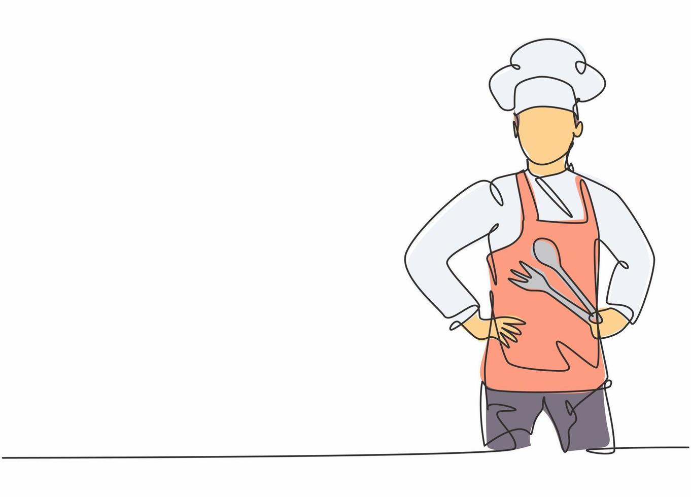 disegno continuo a una linea di giovane chef maschio in posa e in possesso di cucchiaio e forchetta prima di cucinare. concetto minimalista di professione di lavoro professionale. illustrazione grafica vettoriale di disegno di disegno a linea singola