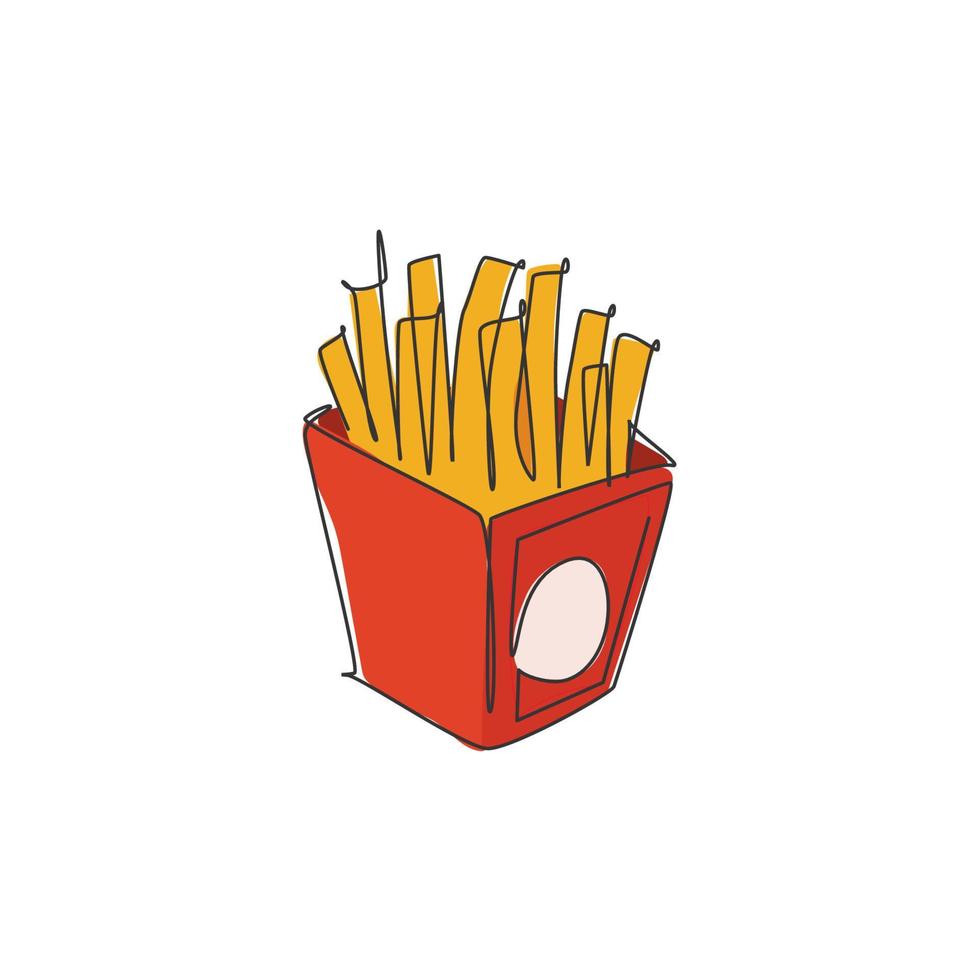un disegno a linea singola di patatine fritte fresche logo illustrazione vettoriale. menu del fast food del fast food del bastone della patata e concetto del distintivo del ristorante. logotipo di cibo di strada di design moderno a linea continua vettore