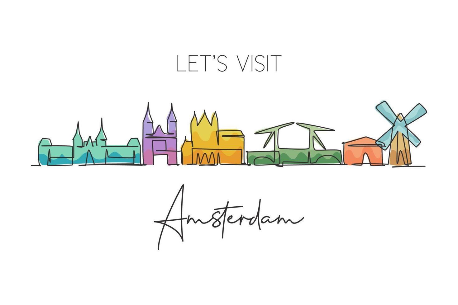 un disegno a linea singola dello skyline della città di Amsterdam, Paesi Bassi. paesaggio storico del grattacielo nel mondo. poster per la decorazione della parete della migliore destinazione per le vacanze. illustrazione vettoriale di disegno a linea continua