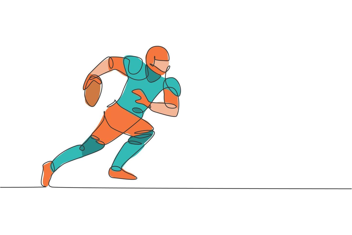 un giocatore di football americano sportivo che disegna una linea continua che corre veloce per raggiungere la linea di porta per il poster della competizione. concetto di lavoro di squadra sportivo. illustrazione grafica vettoriale di disegno dinamico a linea singola