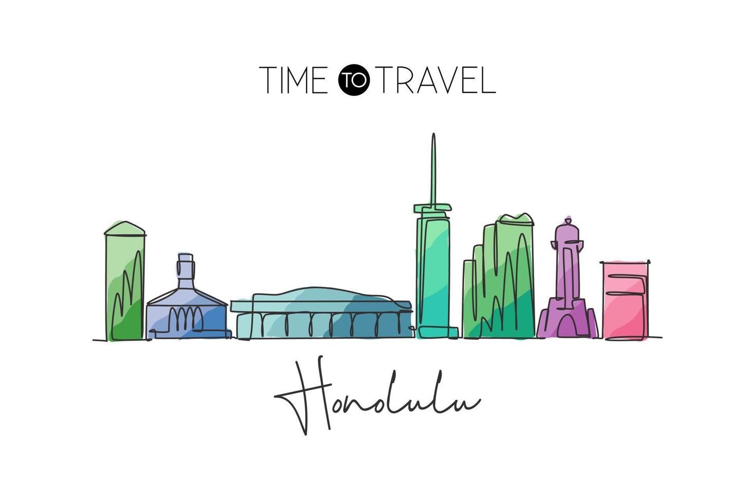 una linea singola che disegna lo skyline della città di honolulu, hawaii. paesaggio storico della città nel mondo. miglior poster di destinazione per le vacanze. tratto modificabile illustrazione vettoriale di disegno a linea continua alla moda