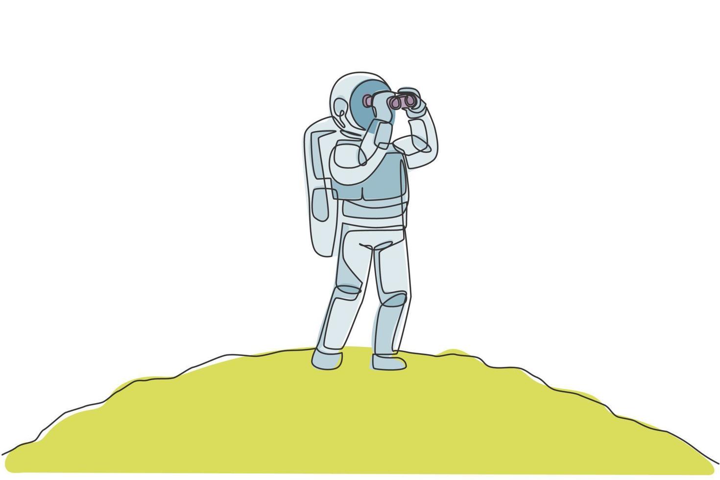 un disegno a tratteggio di un giovane astronauta felice che si diverte a vedere il paesaggio usando il binocolo nell'illustrazione grafica vettoriale della superficie lunare. cosmonauta concetto di spazio esterno. design moderno a linea continua