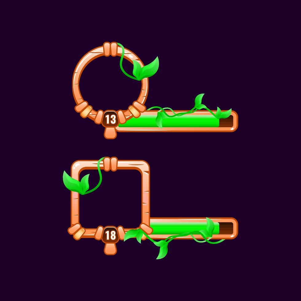 cornice di confine dell'interfaccia utente del gioco delle foglie di legno con livello e barra di avanzamento per l'illustrazione di vettore degli elementi dell'asset della gui