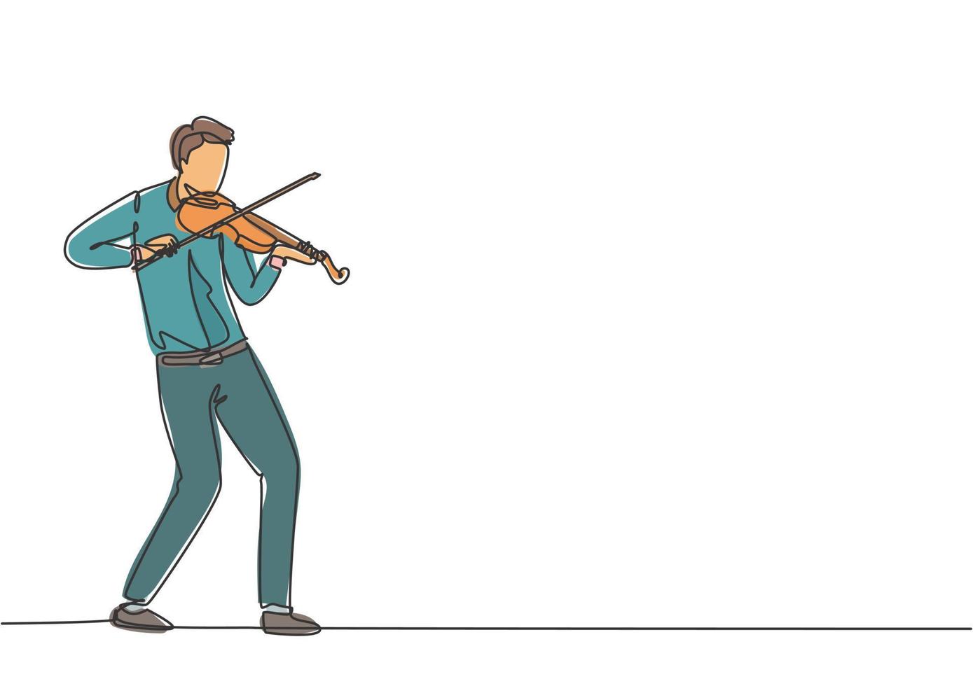 un disegno a tratteggio di un giovane violinista maschio felice che si esibisce per suonare il violino in un concerto di musica. musicista artista performance concetto linea continua disegnare disegno vettoriale illustrazione grafica