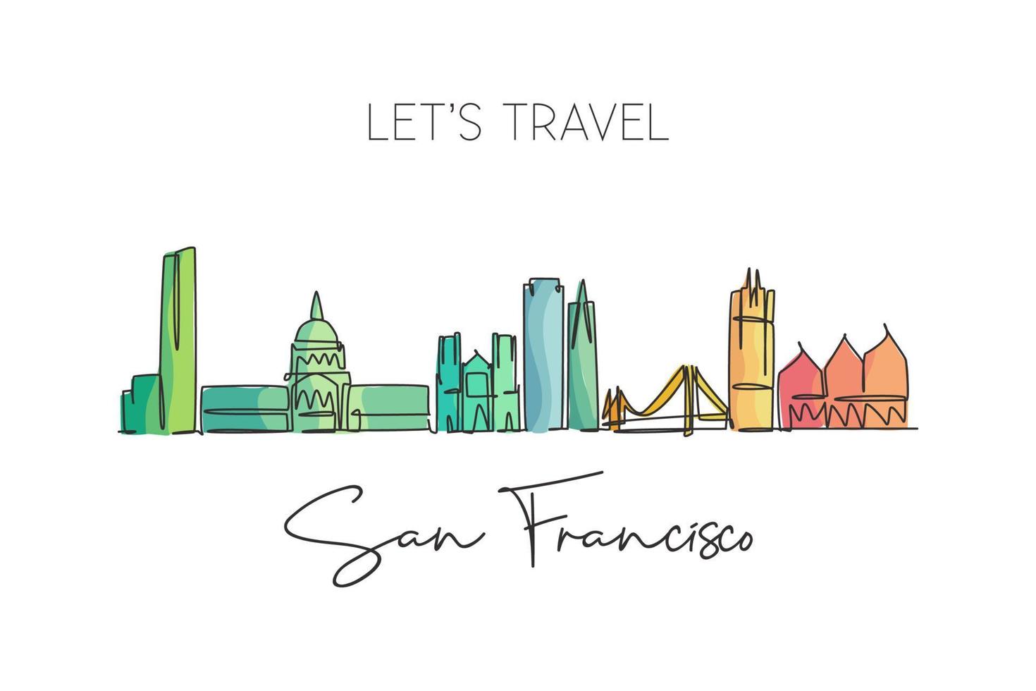 un disegno a linea singola dello skyline di san francisco, usa. paesaggio storico della città nel mondo. la migliore decorazione da parete per poster per le vacanze. illustrazione vettoriale di disegno di linea continua alla moda