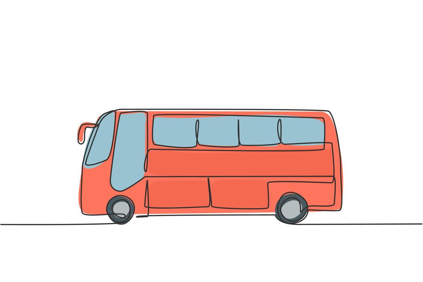 disegno a tratteggio unico dell'autobus visto di lato che servirà i passeggeri che viaggiano tra le città per le vacanze con la famiglia. moderna linea continua disegnare grafica vettoriale illustrazione.