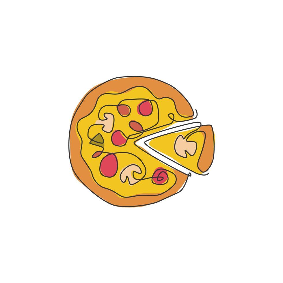 un disegno a linea singola dell'illustrazione grafica vettoriale del logo della pizzeria italiana fresca. menu del caffè della pizza degli alimenti a rapida preparazione e concetto del distintivo del ristorante. logotipo di cibo di strada di design moderno a linea continua