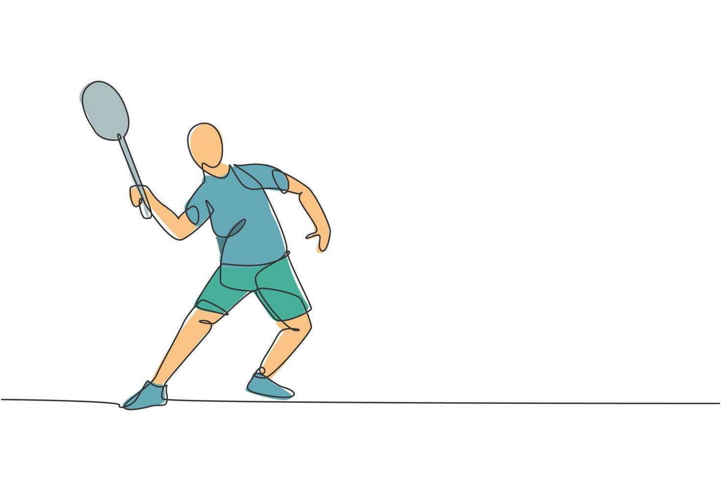 un disegno a linea singola di un giovane energico giocatore di badminton che salta e smash l'illustrazione vettoriale del volano. concetto di sport sano. moderno disegno a linea continua per poster di tornei di badminton