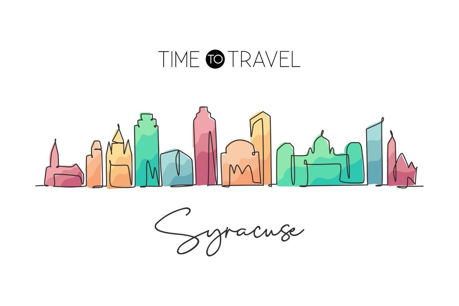 un unico disegno a tratteggio siracusa skyline della città stato di new york. paesaggio storico della città del mondo. la migliore cartolina di destinazione per le vacanze. tratto modificabile alla moda linea continua disegnare disegno vettoriale illustrazione