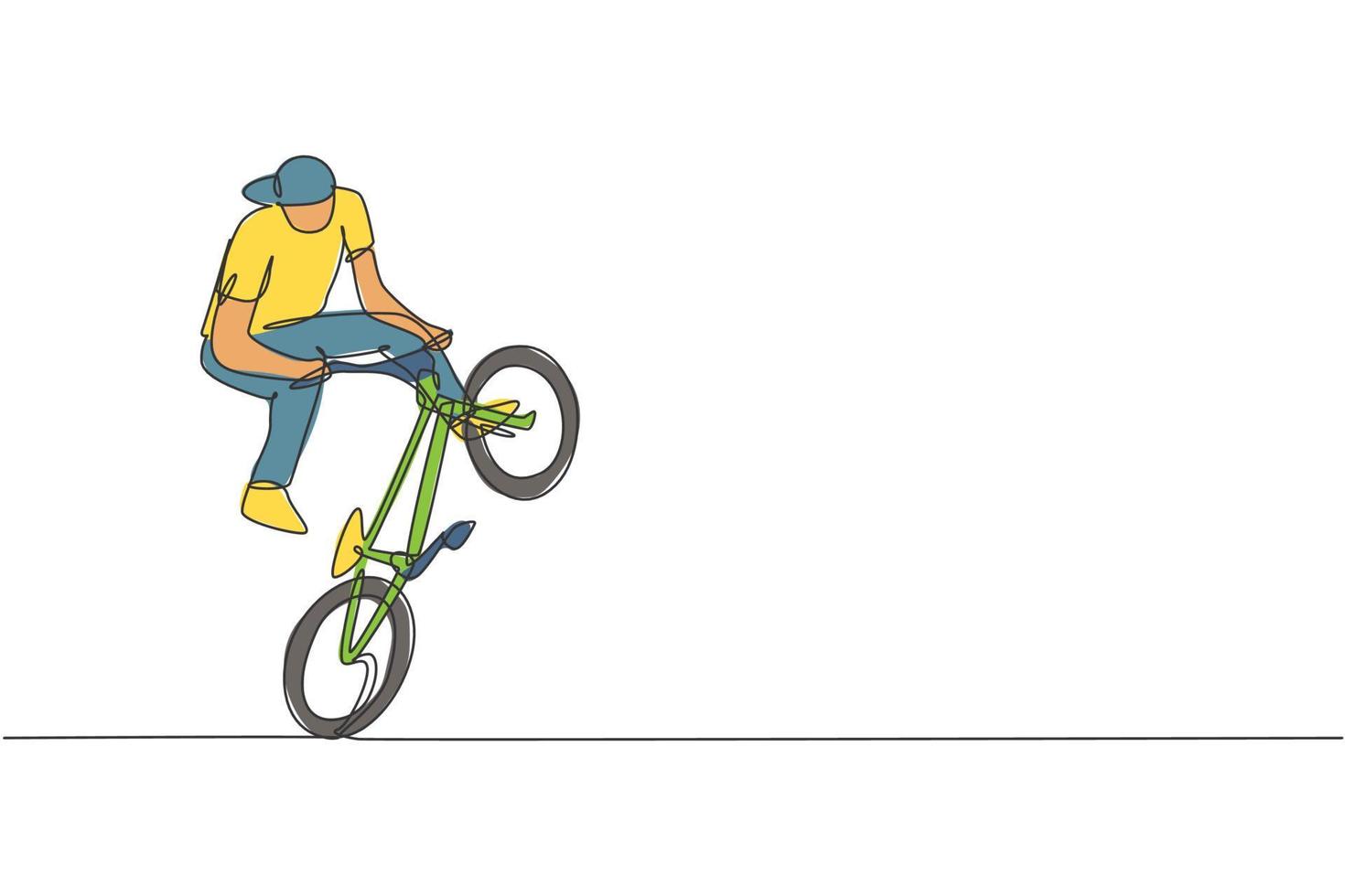 un disegno a linea continua di un giovane ciclista bmx che esegue trucchi pericolosi allo skatepark. illustrazione vettoriale del concetto di sport estremo. design dinamico a linea singola per poster di promozione di eventi