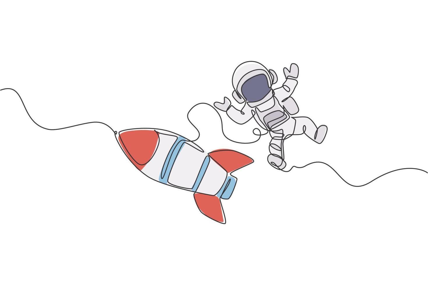 disegno a linea continua di astronauta in tuta spaziale che vola nello spazio esterno con astronave a razzo. concetto di astronomia della via lattea di scienza. illustrazione grafica vettoriale di design di una linea di tendenza alla moda