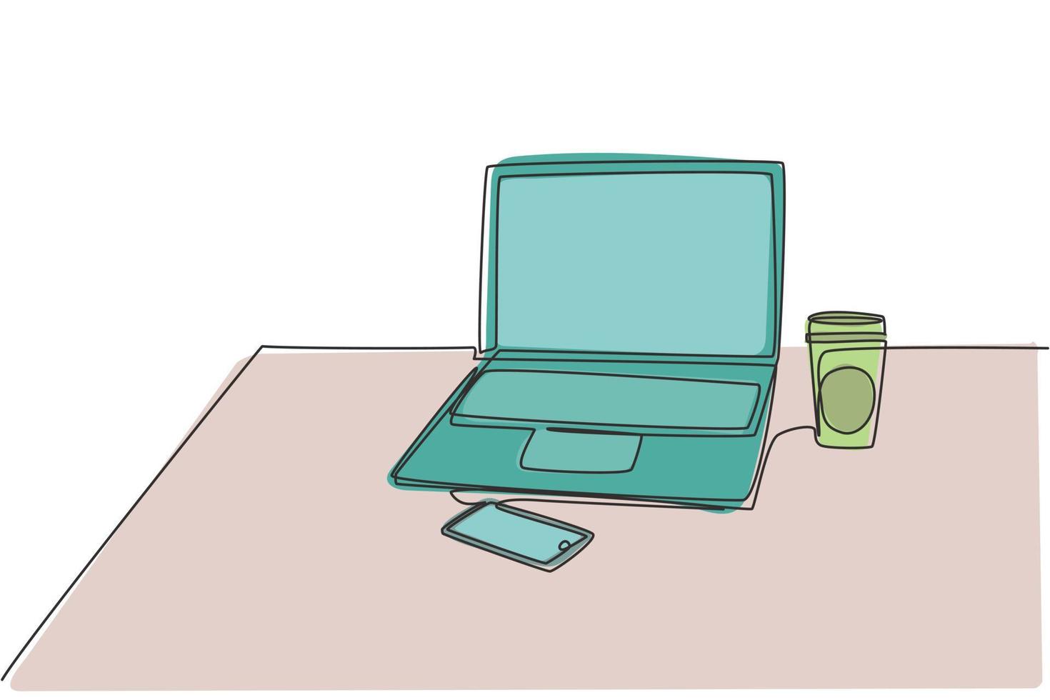 disegno a linea continua di computer portatile, smartphone e tazza di caffè di carta alla scrivania dell'ufficio. concetto di tavolo dello spazio di lavoro. illustrazione grafica di disegno vettoriale di una linea disegnare