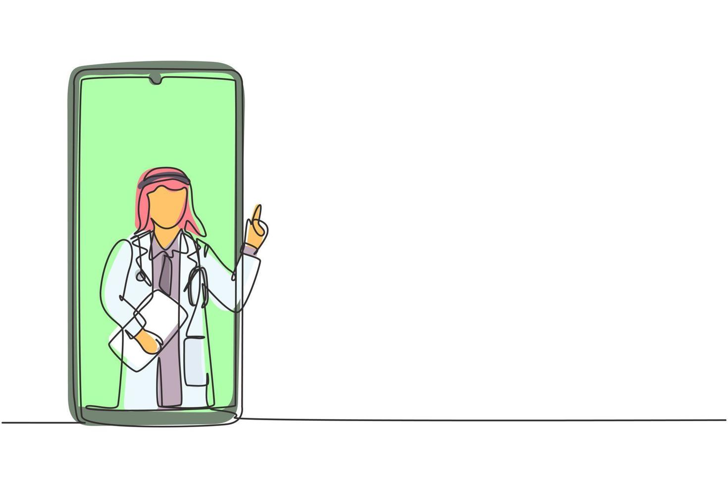 il disegno continuo di un medico maschio arabo esce dallo schermo dello smartphone tenendo gli appunti. servizi medici online, consulenza medica. illustrazione grafica vettoriale di disegno di disegno a linea singola