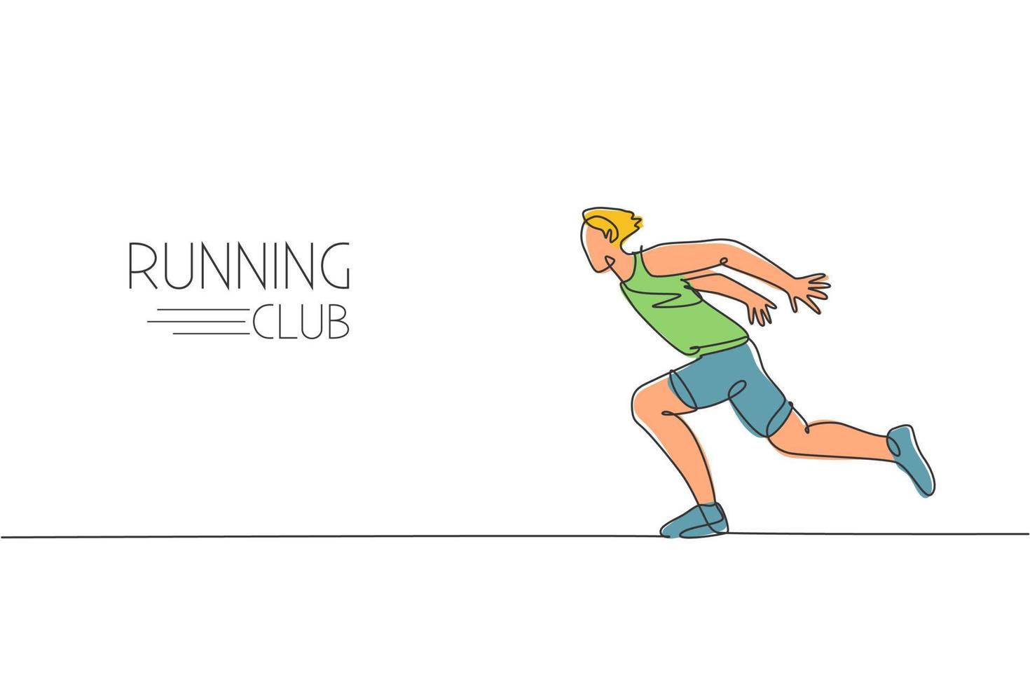 un disegno a linea singola di un giovane energico corridore sprint correre così veloce illustrazione vettoriale. sport individuali, concetto di allenamento. moderno disegno a linea continua per l'esecuzione di banner da competizione vettore