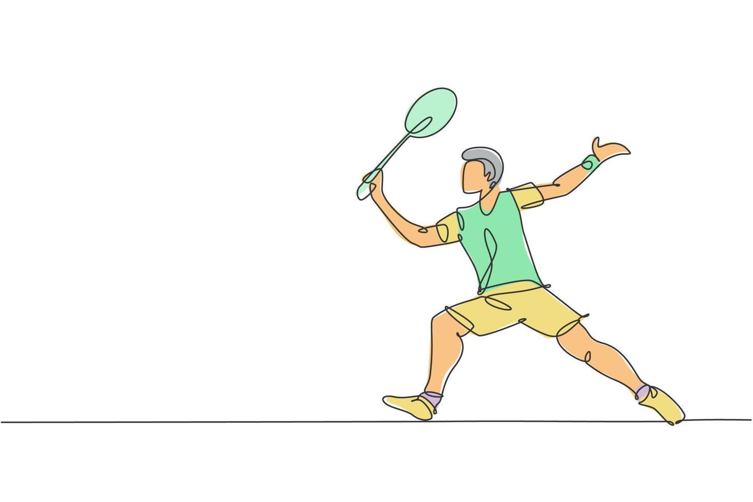 un disegno a linea singola giovane energico giocatore di badminton prende un colpo dall'illustrazione grafica vettoriale dell'avversario. concetto di sport sano. moderno disegno a linea continua per poster di tornei di badminton