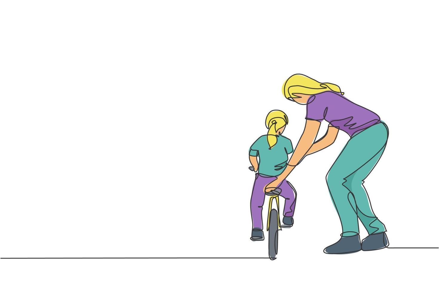 una singola linea di disegno giovane madre che insegna a sua figlia che guida la bicicletta all'illustrazione grafica vettoriale del parco pubblico. lezione di maternità concetto di tempo familiare urbano. design moderno a linea continua
