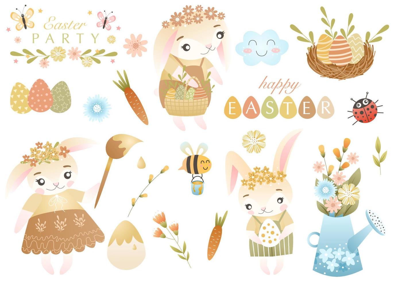 Pasqua impostato di illustrazioni nel un' carino stile e delicato colori. Pasqua coniglietti, colorato uova, citazioni, primavera mazzo, carota, miele ape. adatto per bambini, disegni, adesivi e stampa. vettore