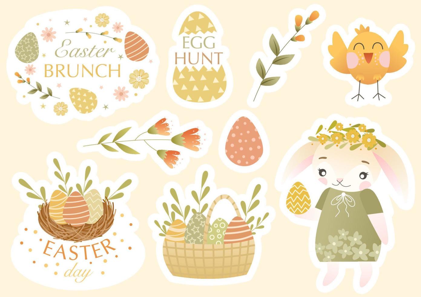 Pasqua etichetta kit con carino coniglietto, primavera fiori, colorato uova, congratulazioni citazioni. vettore illustrazione nel figli di stile. vettore etichetta impostato e design elementi. Perfetto per scrapbooking, carta