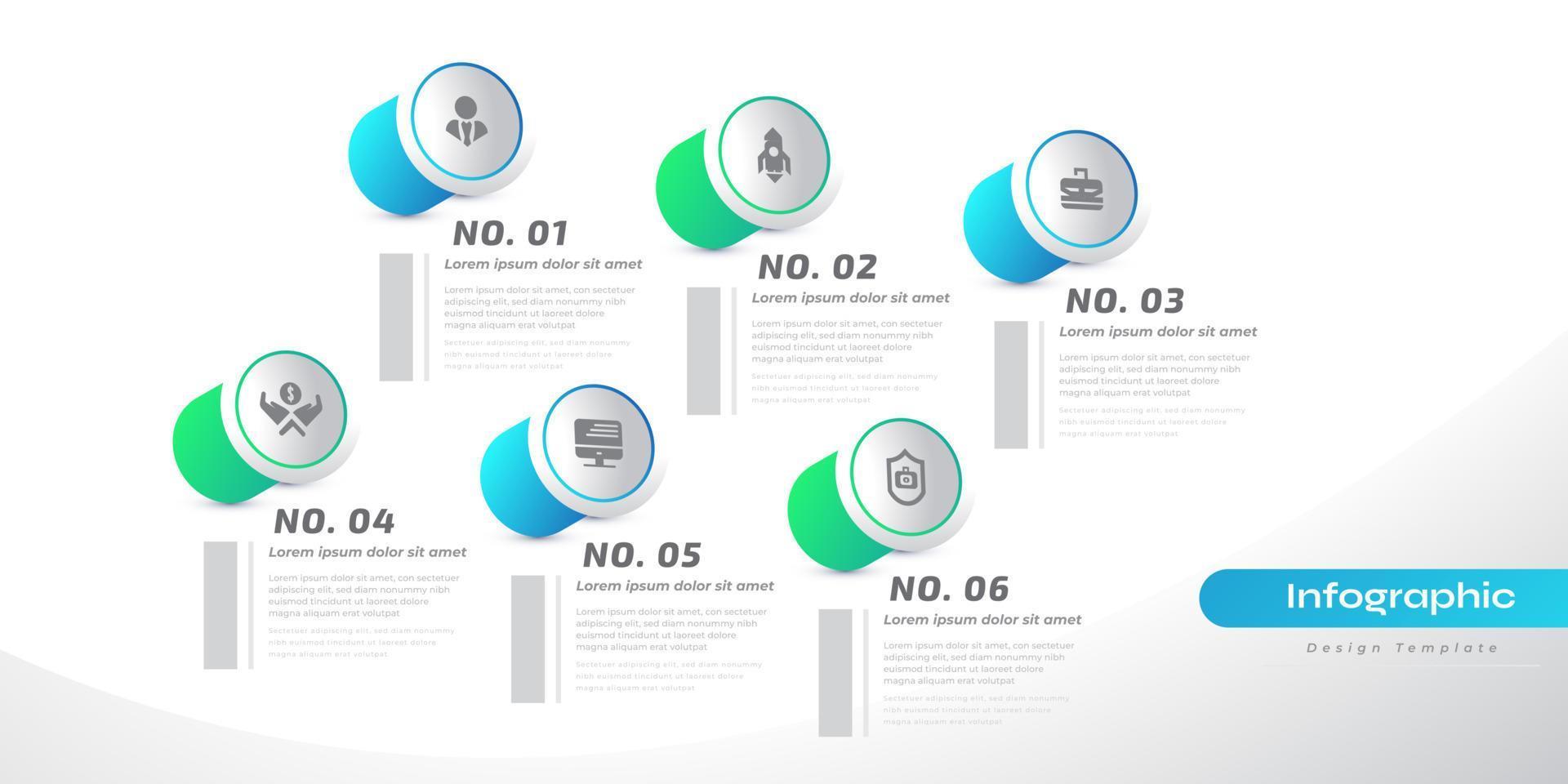 moderno Infografica design modello con 6 opzioni o passi. può essere Usato per presentazione, flusso di lavoro disposizione, diagramma, o annuale rapporto. sequenza temporale diagramma presentazione design vettore