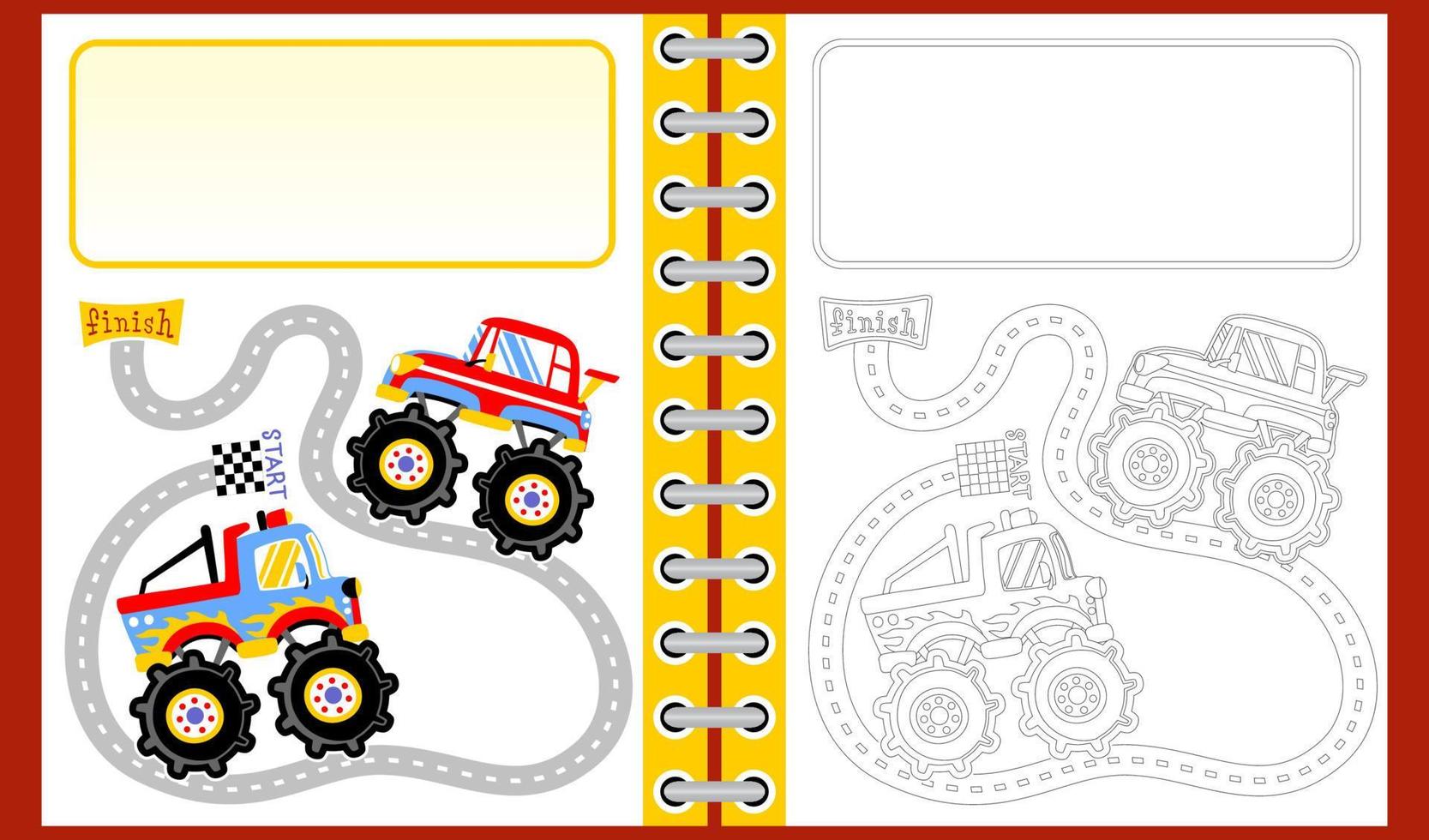 mostro camion da corsa con testo modello, colorazione libro o pagina, vettore cartone animato illustrazione