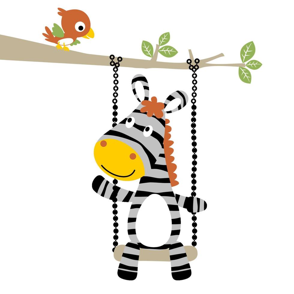 vettore cartone animato di zebra giocando swing con un' poco uccello