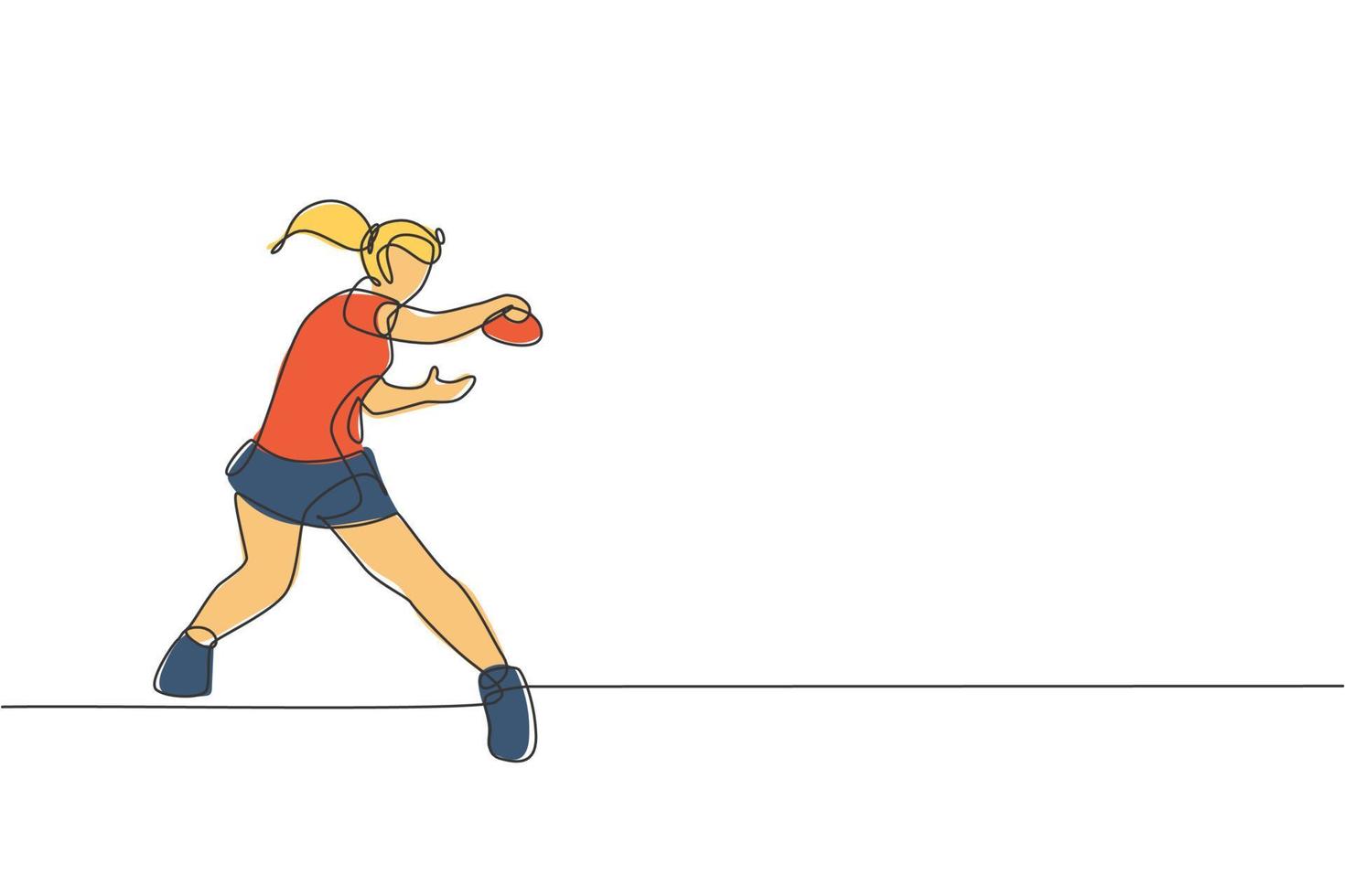 unico disegno a linea continua di una giovane donna agile che gioca a ping pong ha colpito la palla. concetto di esercizio sportivo. illustrazione vettoriale alla moda di una linea di disegno per i media di promozione di tornei di ping pong