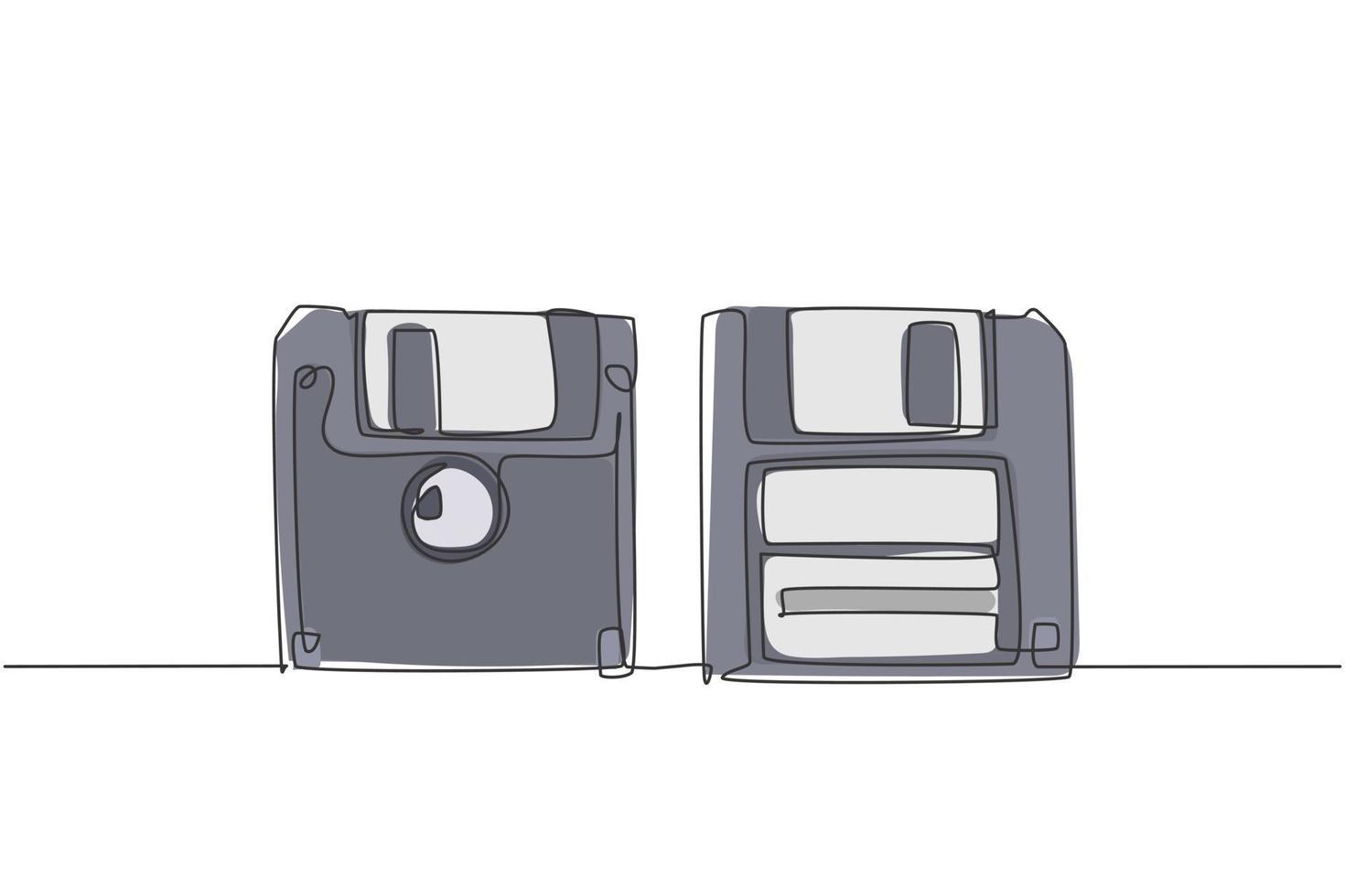 una singola linea di disegno del retro vecchio classico disco floppy da 3,5 pollici sul lato anteriore e posteriore. vintage file storage dischetto elemento concetto linea continua disegno grafico illustrazione vettoriale