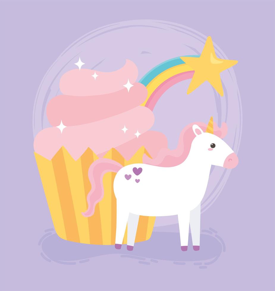 unicorno magico simpatico cartone animato con cupcake vettore