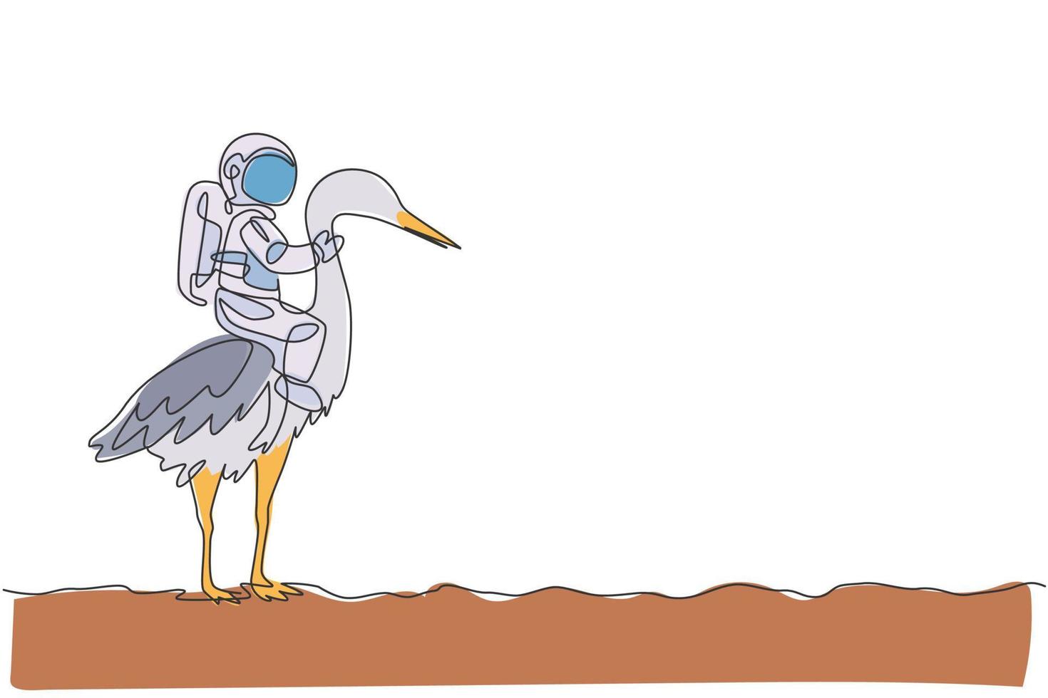 un singolo disegno a tratteggio dell'uccello dell'airone di guida dell'astronauta, animale selvatico nell'illustrazione di vettore della superficie della luna. concetto di viaggio safari cosmonauta. moderno disegno grafico a linea continua