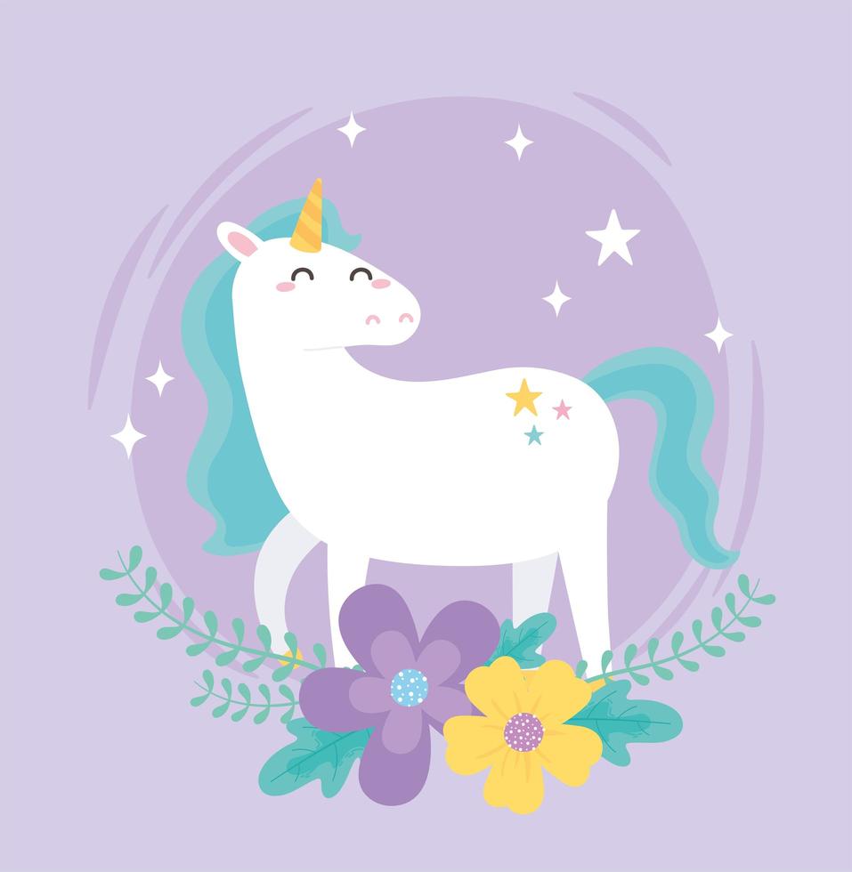 unicorno magico simpatico cartone animato con fiori vettore