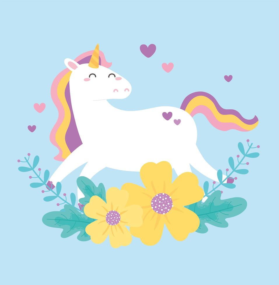 unicorno magico simpatico cartone animato con fiori vettore