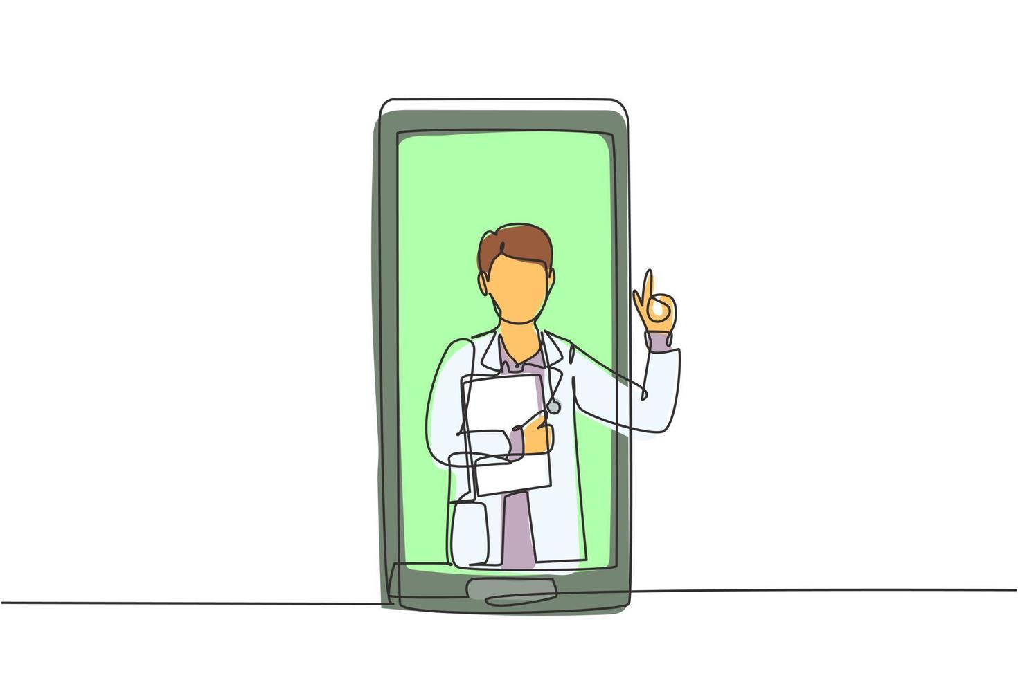 un singolo medico maschio di disegno a tratteggio esce dallo schermo dello smartphone tenendo gli appunti. servizi medici online, consulenza medica. illustrazione vettoriale grafica di disegno di disegno di linea continua moderna