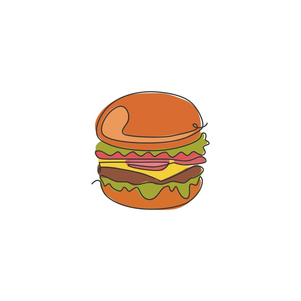 etichetta del logo dell'hamburger americano con disegno a linea continua singola. concetto di ristorante sandwich fast food emblema. illustrazione vettoriale grafica moderna con disegno a linea singola per bar, negozio o servizio di consegna cibo