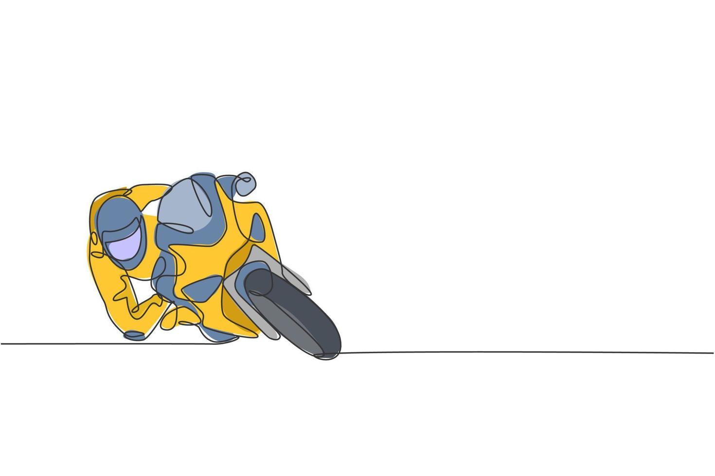 un disegno a linea singola della pratica del giovane motociclista che si appoggia in una curva veloce all'illustrazione vettoriale della pista. concetto di corsa superbike. moderno disegno a linea continua per banner di eventi di corse automobilistiche